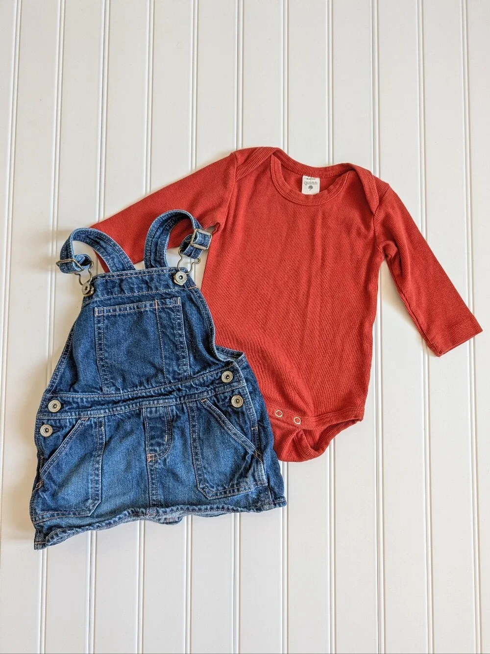 Kate Quinn Baby Gap Fall Outfit Overall Dress Denim Onsie Long sleeve 12-18